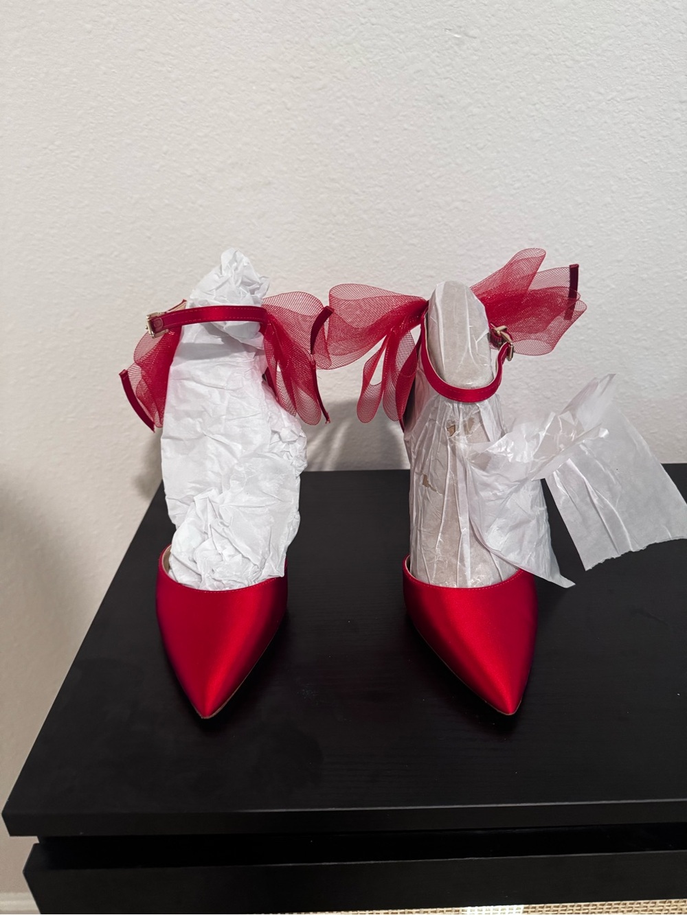Jessica Simpson Red Satin Pointed Ankle-Strap Heels with Bow Accent